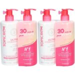 Leite corporal hidratante Topicrem, embalagem de 4 x 500 ml